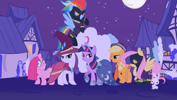 Size: 5760x3240 | Tagged: dead source, safe, artist:dotrook, angel bunny, applejack, fluttershy, pinkie pie, rainbow dash, rarity, twilight sparkle, earth pony, pegasus, pony, unicorn, g4, alternate universe, bedroom eyes, clothes, corrupted, costume, derp, female, goatee, grin, hat, mane six, mare, pinkamena diane pie, shadowbolts, shadowbolts costume, shadowing dash, smirk, unicorn twilight, wide eyes, wizard hat