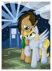 Size: 2905x4000 | Tagged: safe, artist:perfexsoniya, derpy hooves, doctor whooves, time turner, earth pony, pegasus, pony, g4, doctor who, female, male, mare, raised hoof, ship:doctorderpy, shipping, spread wings, stallion, straight, tardis, the doctor