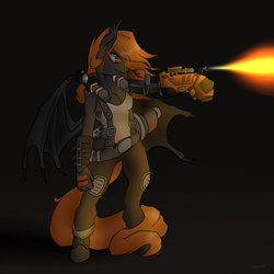 Size: 894x894 | Tagged: safe, artist:slouping, oc, oc only, oc:backburner, oc:frostfire, bat pony, anthro, anthro oc, evolve, female, fire, flamethrower, fuel tank, happy burny time, solo, weapon