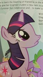 Size: 576x1024 | Tagged: safe, spike, twilight sparkle, g4, artifact, book, faic, frown, twilight is a lion, wat