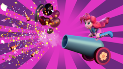 Size: 1920x1080 | Tagged: safe, artist:3d thread, artist:creatorofpony, pinkie pie, equestria girls, g4, 3d, balloon, blender, boots, cannon, clothes, confetti, happy, hat, partillery, party cannon, party hat, pink, rising sun, shoes, skirt, smiling, smoke