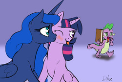Size: 1280x853 | Tagged: safe, artist:silfoe, princess luna, spike, twilight sparkle, alicorn, dragon, pony, royal sketchbook, g4, :p, blushing, book, cheek kiss, disgusted, female, kissing, lavender background, lesbian, lesbian in front of boys, looking back, male, mare, open mouth, ship:twiluna, shipping, signature, simple background, sitting, smiling, teasing, tongue out, trio, twilight sparkle (alicorn), wink