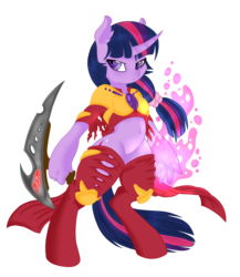 Size: 1732x2000 | Tagged: safe, artist:dfectivedvice, artist:dragonfoorm, twilight sparkle, anthro, unguligrade anthro, g4, badass, belly button, bottomless, breasts, clothes, colored, female, glowing hands, hoof hands, mage, magic, partial nudity, simple background, solo, torn clothes, transparent background, weapon