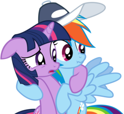 Size: 10800x9955 | Tagged: safe, artist:uxyd, rainbow dash, twilight sparkle, pegasus, pony, unicorn, g4, hurricane fluttershy, absurd resolution, duo, hat, holding each other, hug, scrunchy face, simple background, transparent background, vector