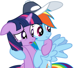 Size: 10800x9955 | Tagged: safe, artist:uxyd, rainbow dash, twilight sparkle, pegasus, pony, unicorn, g4, hurricane fluttershy, my little pony: friendship is magic, absurd resolution, duo, hat, holding each other, hug, scrunchy face, simple background, transparent background, vector