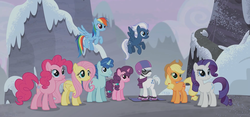 Size: 1919x900 | Tagged: safe, screencap, applejack, double diamond, fluttershy, night glider, party favor, pinkie pie, rainbow dash, rarity, sugar belle, earth pony, pegasus, pony, unicorn, g4, the cutie map, equal four, female, male, mare, remane five, stallion