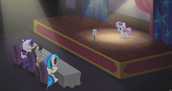 Size: 1920x1011 | Tagged: safe, screencap, dj pon-3, octavia melody, rarity, sweetie belle, vinyl scratch, bloom & gloom, g4, it didn't happen, it's happening, microphone, sitting, stage