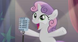Size: 1279x699 | Tagged: safe, screencap, sweetie belle, pony, unicorn, bloom & gloom, g4, 2015, cute, diasweetes, female, filly, happy, it didn't happen, it's happening, microphone, open mouth, singing, template, upcoming, would you rather sweetie belle