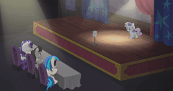 Size: 850x449 | Tagged: safe, screencap, dj pon-3, octavia melody, rarity, sweetie belle, vinyl scratch, pony, unicorn, bloom & gloom, g4, animated, female, filly, foal, it didn't happen, it's happening, mare, sitting