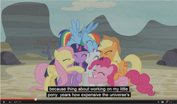 Size: 1282x752 | Tagged: safe, screencap, applejack, fluttershy, pinkie pie, rainbow dash, rarity, twilight sparkle, alicorn, pony, g4, the cutie map, female, mane six, mare, meme, twilight sparkle (alicorn), youtube caption