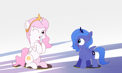 Size: 667x400 | Tagged: safe, artist:n3moni, princess celestia, princess luna, g4, cewestia, cute, filly, woona