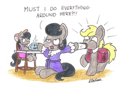 Size: 2033x1422 | Tagged: safe, artist:bobthedalek, octavia melody, oc, oc:mixed melody, oc:octavia's father, oc:octavia's mother, oc:ostinato melody, earth pony, pony, g4, bags under eyes, bottle, bow, clothes, coffee, deadpan snarker, dress, dressing gown, foal, hair bow, hair curlers, incoming hypertavia, mix-up, mug, parent, saddle bag, this will end in tears, this will not end well, tired