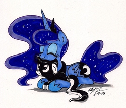 Size: 1208x1036 | Tagged: safe, artist:newyorkx3, princess luna, oc, oc:tommy junior, alicorn, earth pony, pony, g4, colt, duo, eyes closed, female, foal, lying down, male, mare, prone, simple background, smiling, snuggling, traditional art