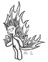 Size: 788x1015 | Tagged: safe, artist:mane-shaker, pony, unicorn, fire, monochrome, solo, traditional art