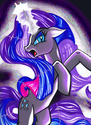 Size: 473x648 | Tagged: safe, artist:aurora-chiaro, nightmare rarity, pony, unicorn, g4, alternate color palette, female, floppy ears, glowing horn, horn, solo