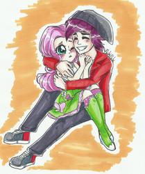 Size: 3966x4734 | Tagged: safe, artist:chibichibs, fluttershy, normal norman, equestria girls, background human, blushing, colored, female, hug, male, normanshy, shipping, straight, traditional art