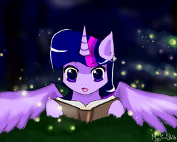 Size: 1280x1024 | Tagged: safe, artist:mysticalsketch, twilight sparkle, alicorn, firefly (insect), pony, g4, book, cute, female, grass, mare, night, open mouth, prone, reading, smiling, solo, spread wings, twilight sparkle (alicorn)