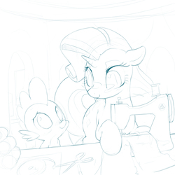 Size: 700x700 | Tagged: safe, artist:bluedrg19, rarity, spike, g4, female, grayscale, lineart, looking at each other, male, monochrome, sewing machine, ship:sparity, shipping, smiling, straight