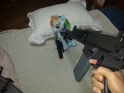 Size: 3264x2448 | Tagged: safe, rainbow dash, g4, airsoft, assault rifle, background pony strikes again, bayonet, daewoo k1a, edgy, female, fn scar, gun, high res, irl, m9, photo, pistol, threatening, toy, walter ppq, why