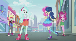 Size: 1263x696 | Tagged: safe, screencap, bon bon, cheerilee, derpy hooves, lyra heartstrings, sweetie drops, equestria girls, g4, life is a runway, alternate clothes, alternate hairstyle, canterlot city, female