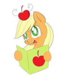 Size: 1240x1432 | Tagged: safe, artist:slowcoloringfag, applejack, g4, apple, book, cute, hatless, missing accessory, obligatory apple, reading, smiling
