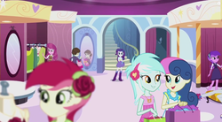 Size: 1254x691 | Tagged: safe, screencap, amethyst star, bon bon, cheerilee, derpy hooves, lyra heartstrings, rarity, roseluck, sophisticata, sparkler, sweetie drops, equestria girls, g4, life is a runway, my little pony equestria girls: rainbow rocks, background human, boots, flower in hair, rose, shoes