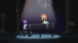 Size: 1258x698 | Tagged: safe, screencap, sunset shimmer, twilight sparkle, equestria girls, friendship through the ages, g4, musical instrument, piano, twilight sparkle (alicorn)