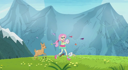 Size: 1260x697 | Tagged: safe, screencap, angel bunny, fluttershy, bird, deer, fawn, equestria girls, friendship through the ages, g4, cute, feet, folk fluttershy, meadow, mountain, musical instrument, sandals, shyabetes, tambourine, the sound of music