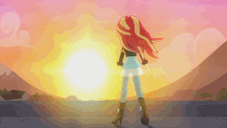 Size: 845x475 | Tagged: safe, screencap, sunset shimmer, equestria girls, g4, my past is not today, rainbow rocks, animated, badass, cloud, cloudy, crepuscular rays, female, mountain, namesake, parallax scrolling, pun, solo, sun, sunset, sunshine shimmer, visual pun