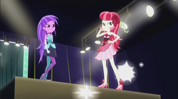 Size: 851x476 | Tagged: safe, screencap, amethyst star, roseluck, sparkler, equestria girls, g4, life is a runway, clothes, dress, female, high heels, long hair, shoes, strapless