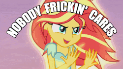 Size: 682x385 | Tagged: safe, edit, edited screencap, screencap, sunset shimmer, equestria girls, g4, my little pony equestria girls: rainbow rocks, my past is not today, animated, female, fiery wings, image macro, meme, nobody cares, reaction image, song, spoiler, sunset phoenix, text