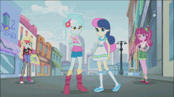 Size: 642x360 | Tagged: safe, screencap, bon bon, cheerilee, derpy hooves, lyra heartstrings, rarity, sweetie drops, equestria girls, g4, life is a runway, alternate clothes, alternate hairstyle, animated, animated screencap, canterlot city, clothes beam, fashion beam, hand on hip, transformation