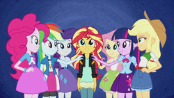 Size: 1920x1080 | Tagged: safe, screencap, applejack, fluttershy, pinkie pie, rainbow dash, rarity, sunset shimmer, twilight sparkle, human, equestria girls, g4, my little pony equestria girls: rainbow rocks, my past is not today, applejack's skirt, clothes, fluttershy's skirt, humane five, humane seven, humane six, skirt, twilight sparkle (alicorn), twilight sparkle's skirt