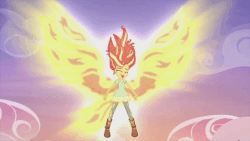 Size: 480x270 | Tagged: safe, screencap, sunset shimmer, equestria girls, g4, my little pony equestria girls: rainbow rocks, my past is not today, animated, female, fiery shimmer, fiery wings, happy, solo, sunset phoenix