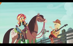 Size: 1024x645 | Tagged: safe, screencap, applejack, sunset shimmer, horse, equestria girls, friendship through the ages, g4, country applejack, farm, guitar, humans riding horses, open mouth, riding, sidesaddle, sitting, sleeveless, smiling