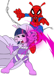 Size: 2502x3495 | Tagged: safe, artist:edcom02, artist:jmkplover, twilight sparkle, pig, spiders and magic: rise of spider-mane, equestria girls, g4, amethyst sorceress, crossover, duo, high res, male, marvel, peter porker, simple background, spider-ham, spider-man, spiderpig, spidertwi, transparent background