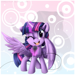 Size: 2000x2000 | Tagged: safe, artist:meotashie, twilight sparkle, alicorn, pony, g4, female, high res, magic, mare, microphone, solo, telekinesis, twilight sparkle (alicorn), wink