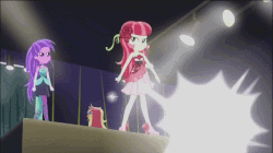 Size: 642x360 | Tagged: safe, screencap, amethyst star, roseluck, sparkler, equestria girls, g4, life is a runway, animated, catwalk, clothes, dress, female, gif, high heels, long hair, shoes, strapless