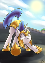 Size: 1280x1810 | Tagged: safe, artist:lovelyneckbeard, princess celestia, pony, unicorn, g4, armor, cute, day, eyes closed, face down ass up, iwtcird, meme, royal guard, smiling, solo focus, stretching, sun, voyeur, voyeurism, when you see it, wide eyes