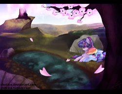 Size: 1000x773 | Tagged: safe, artist:chokico, rainbow dash, twilight sparkle, pegasus, pony, cuddling, female, flower, flower petals, lesbian, looking at each other, lying down, mare, outdoors, pond, rock, scenery, shipping, tree, twidash, water