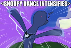 Size: 810x540 | Tagged: safe, edit, edited screencap, screencap, princess luna, alicorn, pony, g4, luna eclipsed, bipedal, caption, dancing, female, image macro, lightning, mare, open mouth, peanuts, snoopy, snoopy dance, solo, text, x intensifies