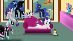 Size: 1440x818 | Tagged: dead source, safe, artist:paint-splotch, cup cake, derpy hooves, granny smith, nightmare moon, philomena, photo finish, pound cake, princess luna, rarity, suri polomare, alicorn, earth pony, pegasus, phoenix, pony, unicorn, g4, baby, baby pony, cupcake, female, horn, mare, pose, tabitha st. germain, voice actor joke