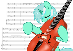 Size: 1280x900 | Tagged: safe, artist:azure-doodle, lyra heartstrings, pony, g4, winter wrap up, bow (instrument), cello, cello bow, eyes closed, female, mare, music, musical instrument, sexually confused lyra, sheet music, solo