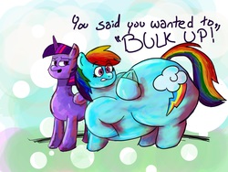 Size: 1440x1080 | Tagged: safe, artist:nanoblade, rainbow dash, twilight sparkle, alicorn, pony, g4, duo, fat, female, huge butt, large butt, larger female, mare, obese, rainblob dash, size difference, smaller female, twilight sparkle (alicorn), weight gain