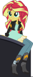 Size: 2591x5976 | Tagged: safe, artist:alejamoreno-brony, artist:cottonheart05, sunset shimmer, equestria girls, friendship through the ages, g4, boots, clothes, cute, dork, dress, female, high heels, jacket, leggings, shimmerbetes, simple background, sitting, smiling, solo, transparent background