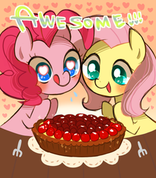 Size: 500x568 | Tagged: safe, artist:puchiko, fluttershy, pinkie pie, earth pony, pegasus, pony, g4, cute, duo, heart eyes, licking, licking lips, pie, pixiv, shyabetes, tongue out, wingding eyes