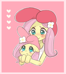 Size: 533x600 | Tagged: safe, artist:puchiko, fluttershy, human, pony, equestria girls, g4, blushing, bunny ears, clothes, cute, female, heart, holding a pony, human ponidox, mare, my melody, pixiv, sanrio, shyabetes, solo, square crossover
