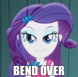 Size: 485x482 | Tagged: safe, edit, edited screencap, screencap, rarity, equestria girls, g4, life is a runway, bedroom eyes, bend over, caption, female, grin, image macro, looking at you, meme, smiling, solo
