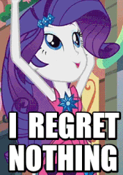 Size: 255x360 | Tagged: safe, edit, edited screencap, screencap, rarity, equestria girls, g4, life is a runway, :o, animated, armpits, caption, female, hands in the air, i regret nothing, image macro, looking up, meme, reaction image, sleeveless, solo, spinning, text