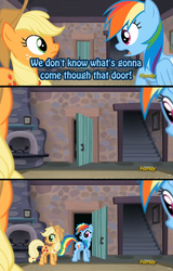 Size: 375x585 | Tagged: safe, applejack, rainbow dash, g4, my little pony: friendship is magic, the cutie map, desktop ponies, exploitable meme, meme, that door